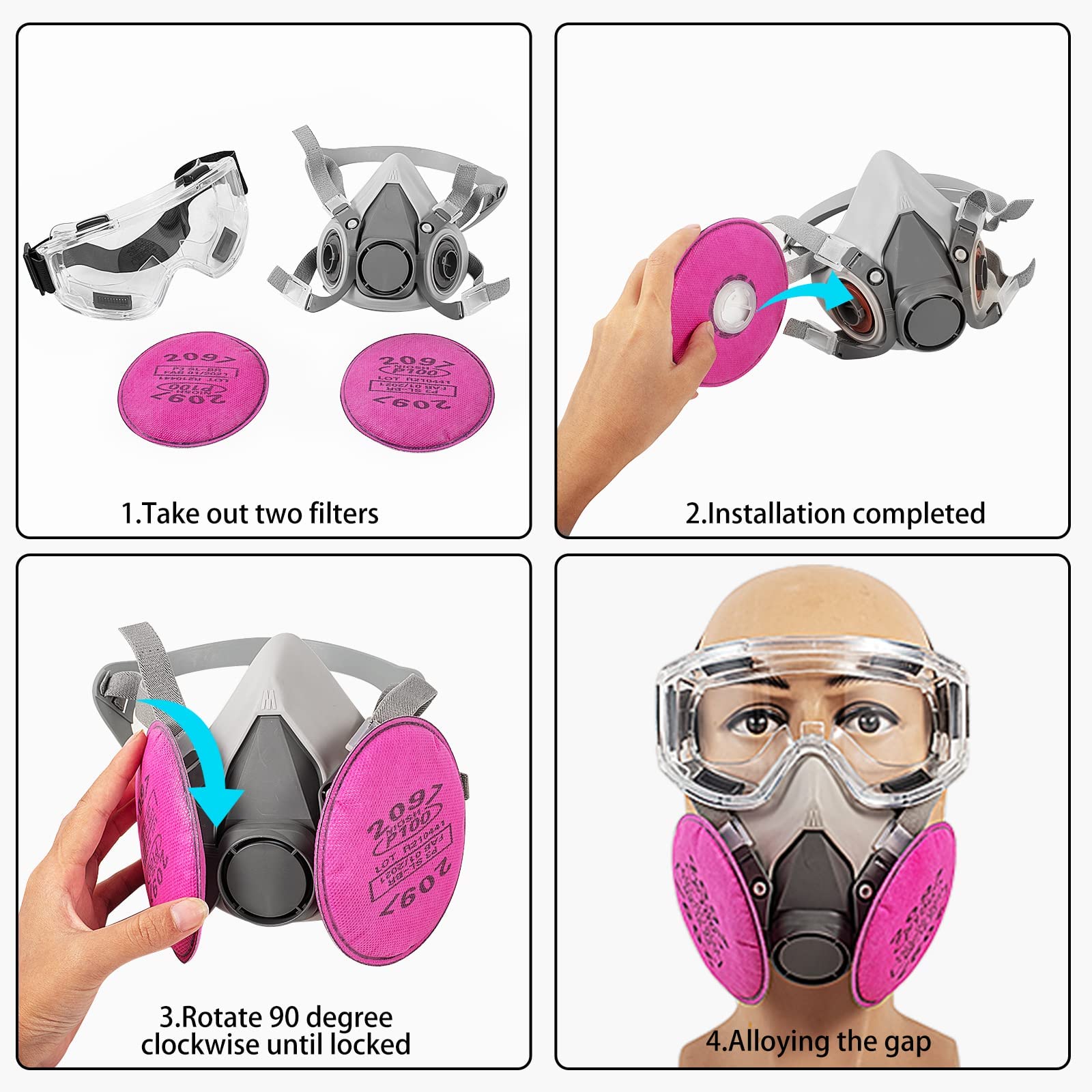 Masque respiratoire demi-visage réutilisable lunettes de protection,bouchons d'oreille pour peinture,poussière,chimique,résine époxy,coupe,polissag - 7