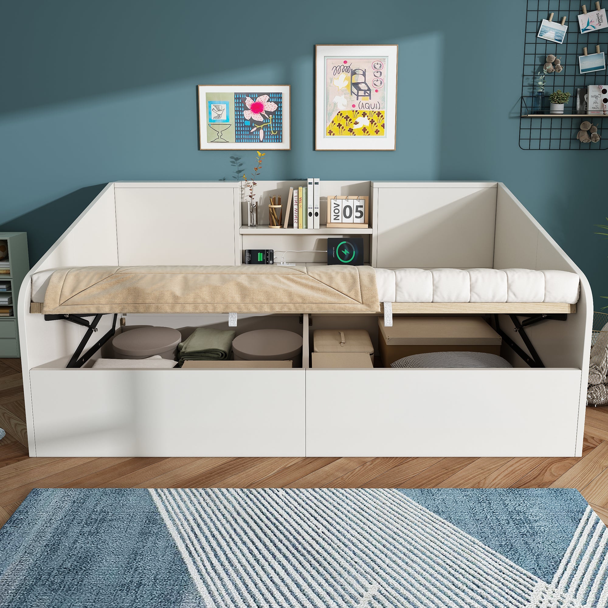Łóżko z pojemnikiem 90 x 190 cm i 2 półkami – sosna + płyta wiórowa – porty ładowania USB/typu C – białe (materac nie jest dołączony) - 8