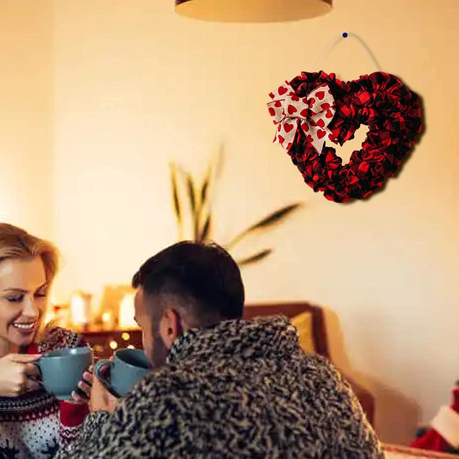 Ghirlanda a cuore di San Valentino, ghirlanda per porta a cuore rosso con fiocco scozzese - 4