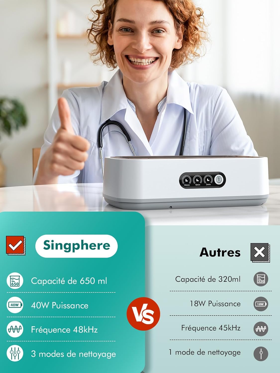 Nettoyeur à ultrasons, 48 ​​kHz, 650 ml, à une touche, adapté au nettoyage des lunettes, bijoux et prothèses dentaires - 4