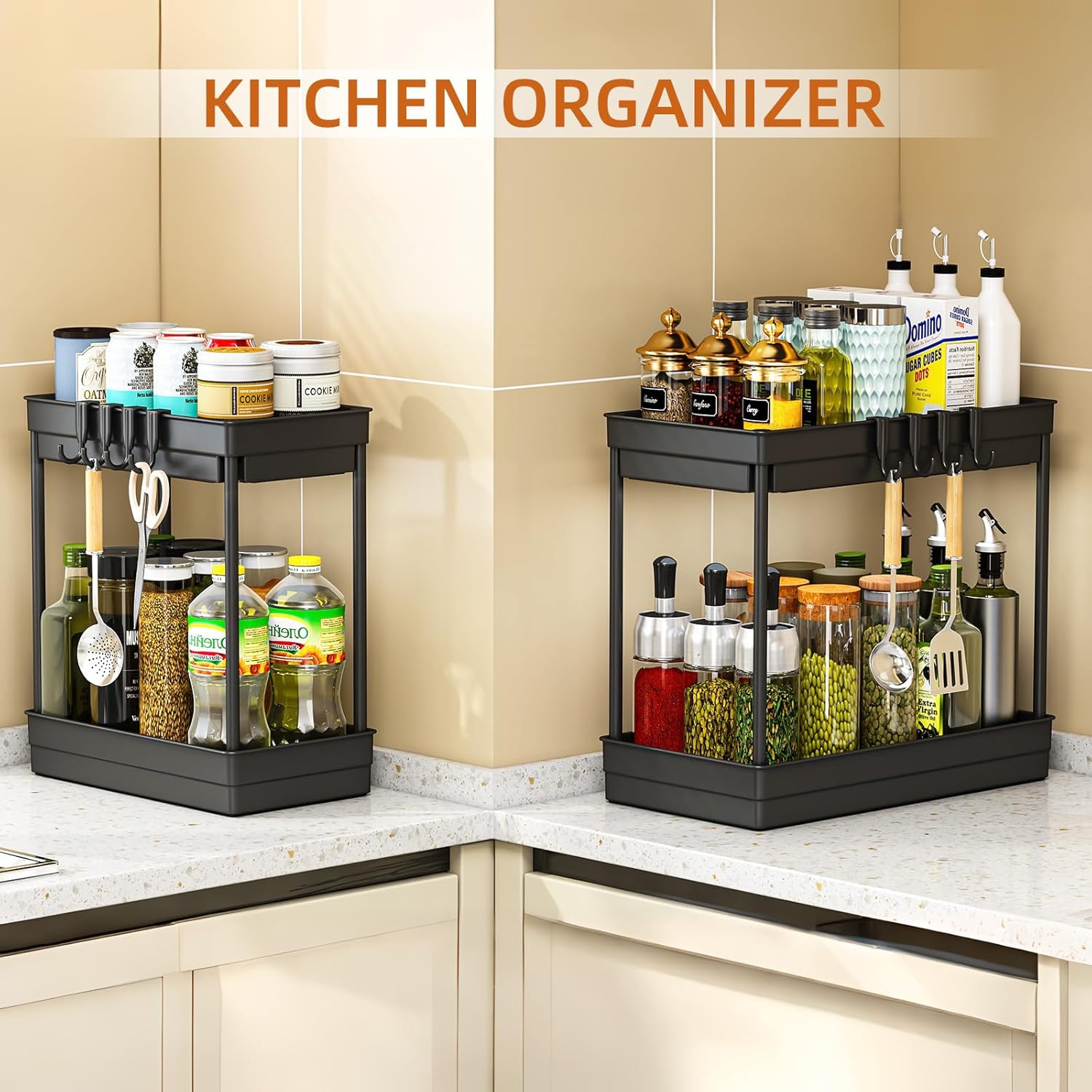 Lot de 2 étagères de rangement sous évier - Rangement et organisation pour cuisine et salle de bain, étagère sous évier à 2 niveaux, noir - 5