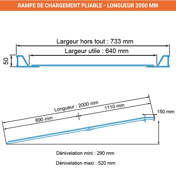 Rampe de chargement - Sans poignée - Longueur 2000mm/Largeur 733mm - Charge max 440kg - Vendue à l'unité - AWR-F02 - 2