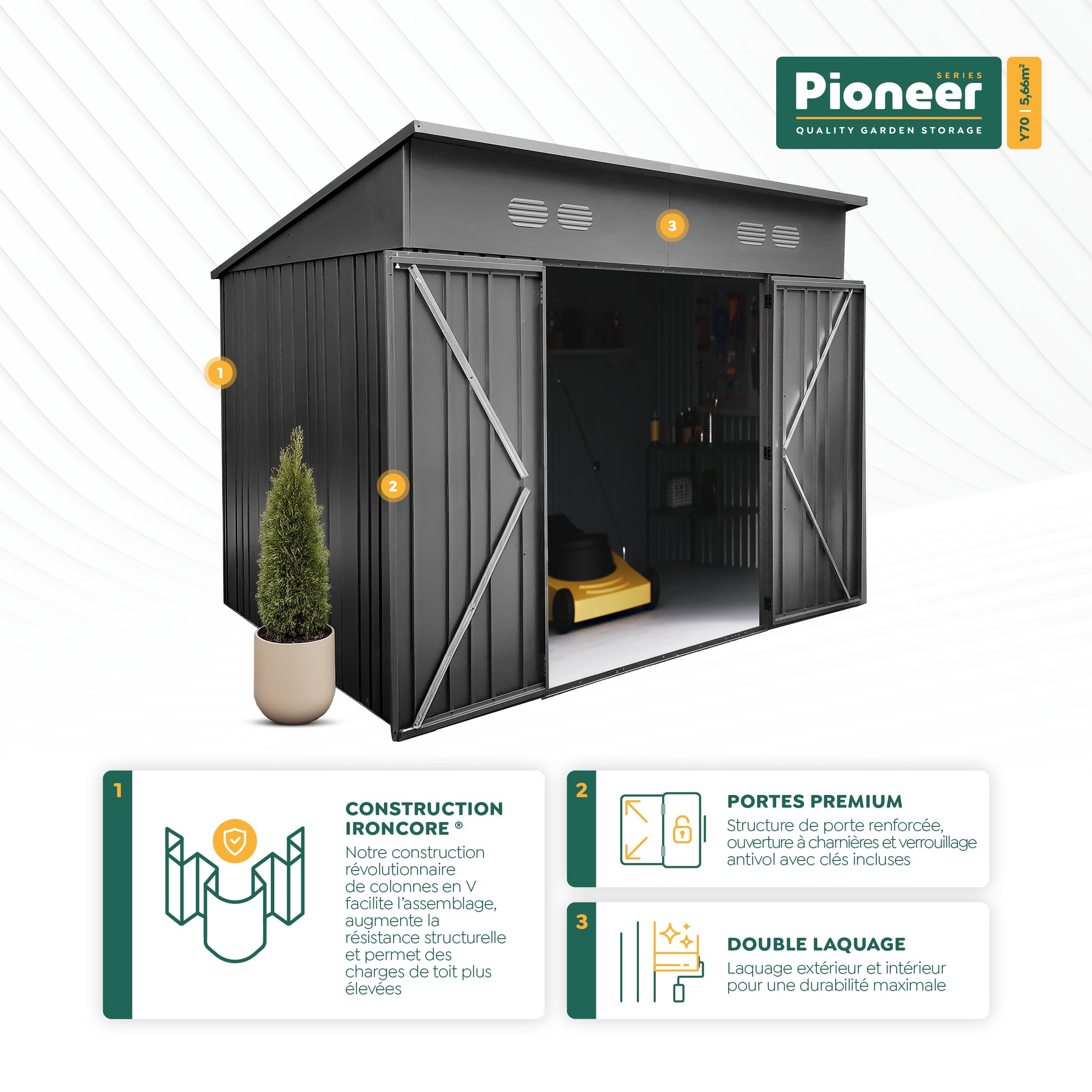 Abri de jardin métal Pioneer Y70 - Structure autoportante - Portes renforcées - Serrure avec clé incluse - Piliers en V - Cabane extérieur 5,66m2 - 4