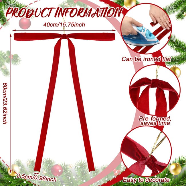 Set 6 Fiocchi Natalizi In Velluto Rosso – 3 Misure (28cm, 23cm, 12cm), Per Alberi E Ghirlande