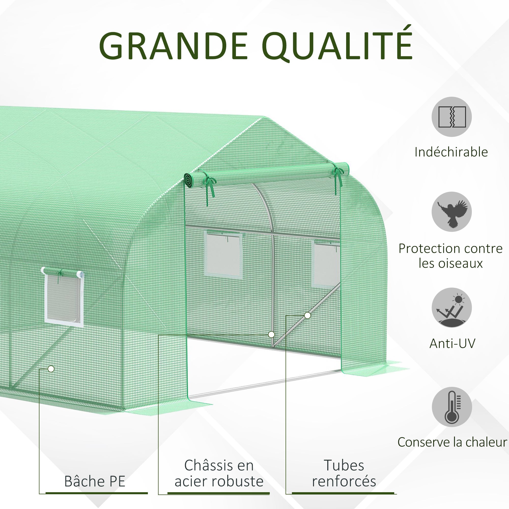 Serre Tunnel de Jardin 10,5 m² dimensions 3,5L x 3l x 2H m Porte + 6 fenêtres enroulables Acier galvanisé bâche PE Haute densité Vert - 6