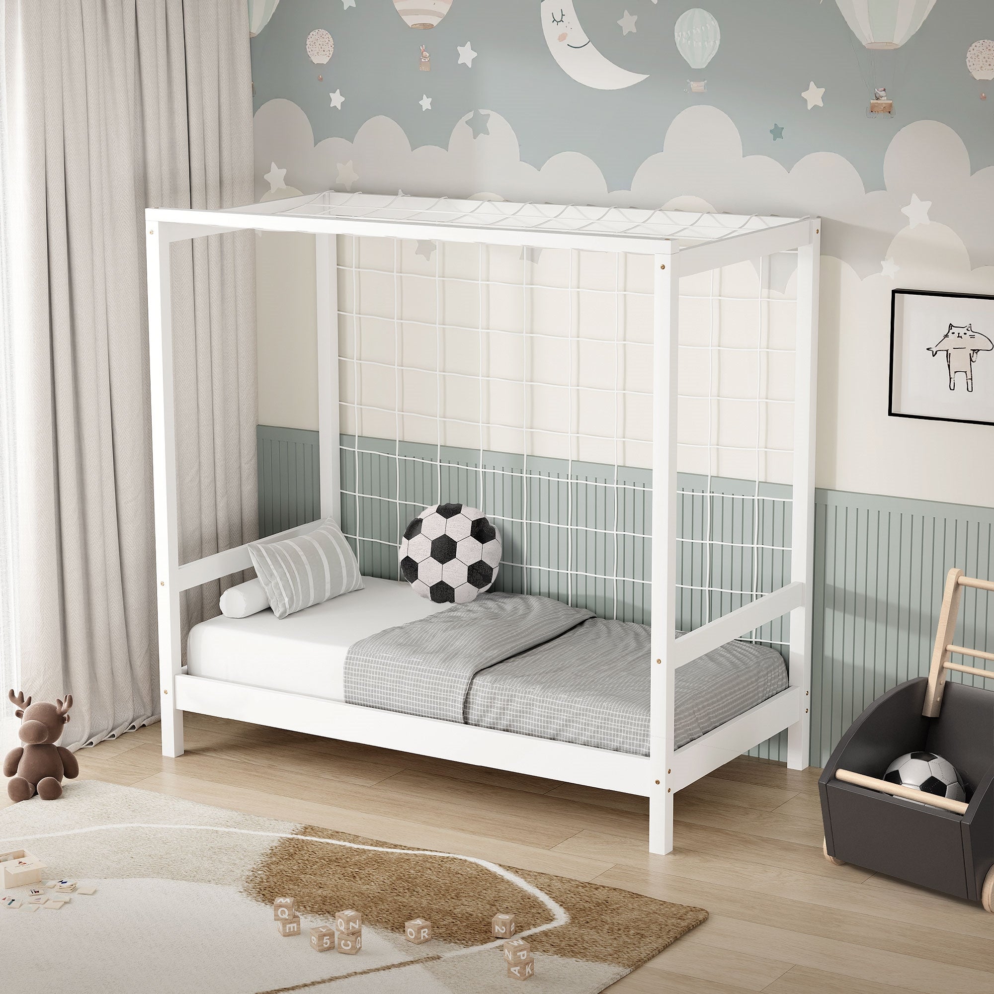 ML-Design łóżko dziecięce 70x140 cm z bramką piłkarską biały z litego drewna sosnowego konstrukcja z listwami dla chłopców i dziewczynek