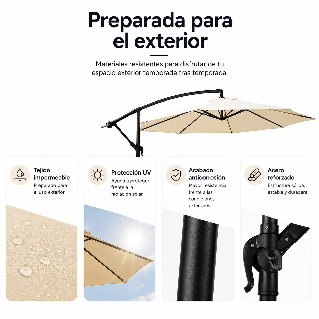 Parasol latéral 3 mètres inclinable 360° avec mât et manivelle beige sans base - 7