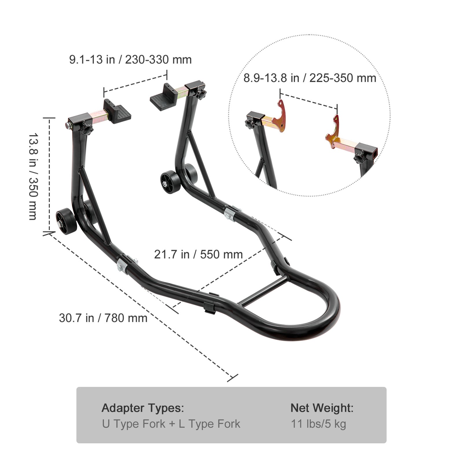 Suporte para roda traseira moto,SucceBuy capacidade 390 kg,robusto com bobinas garfo em U + L,macaco para levantamento para Suzuki,Yamaha,preto - 9