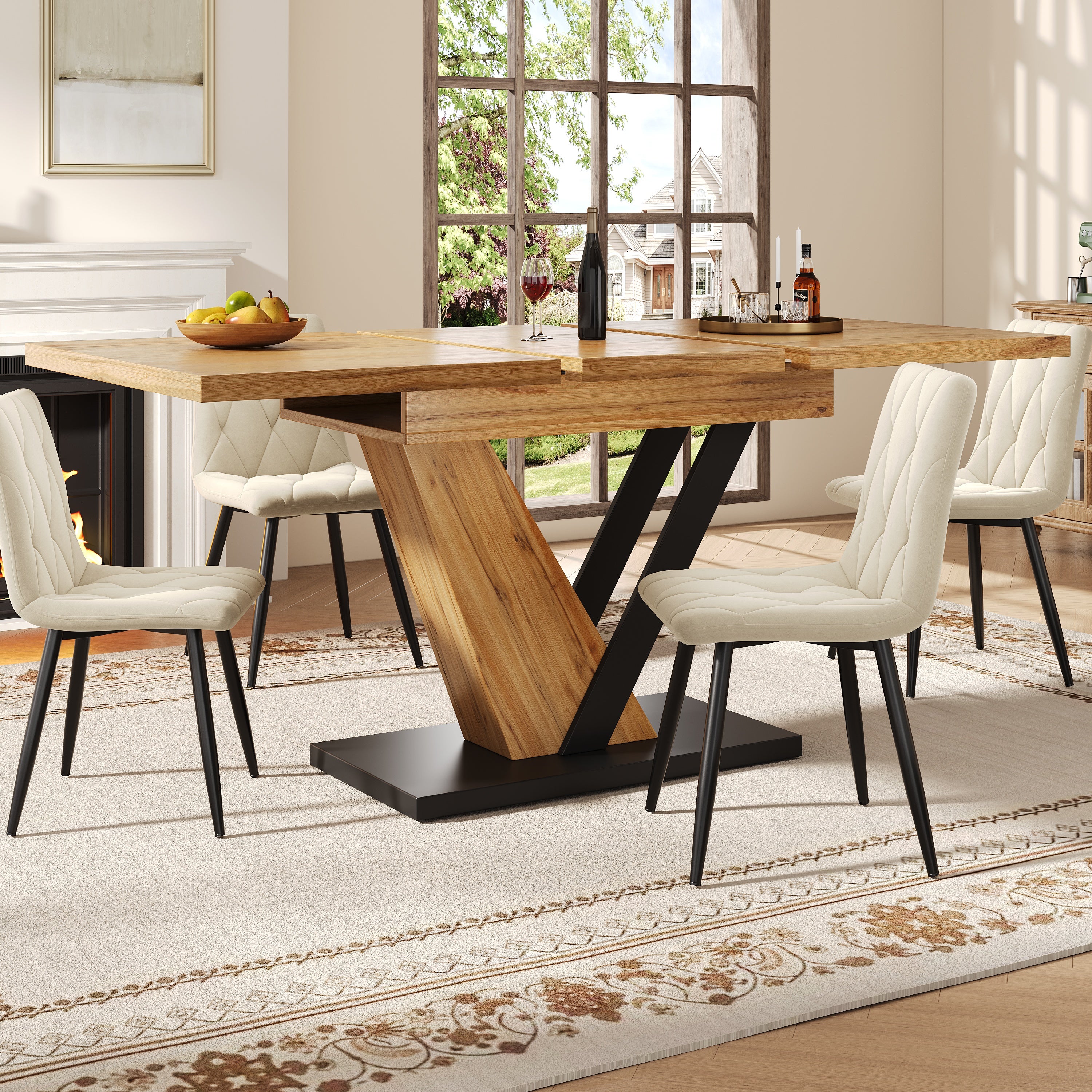 Tavolo da pranzo estensibile 120/160x75x75.5 cm - Per 6 persone - MDF + metallo - Naturale - 3