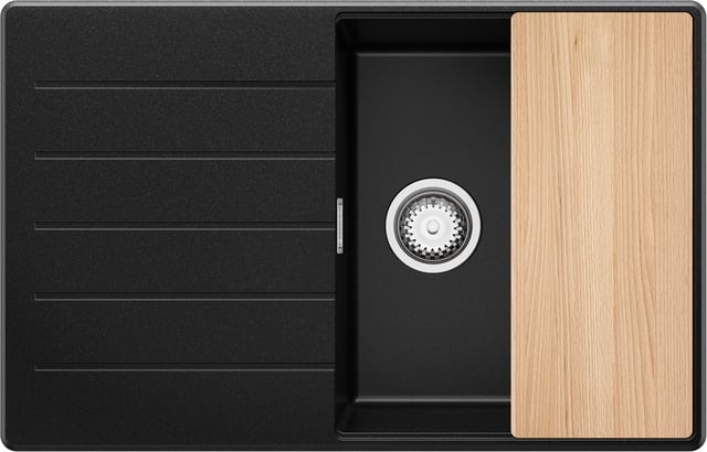 Evier Cuisine en Granit Noir 78x50cm, Lavabo 1 bac + Kit de Vidage + Planche à Découper, Évier à Encastrer au meuble 50cm - Copenhague PRIMAGRAN