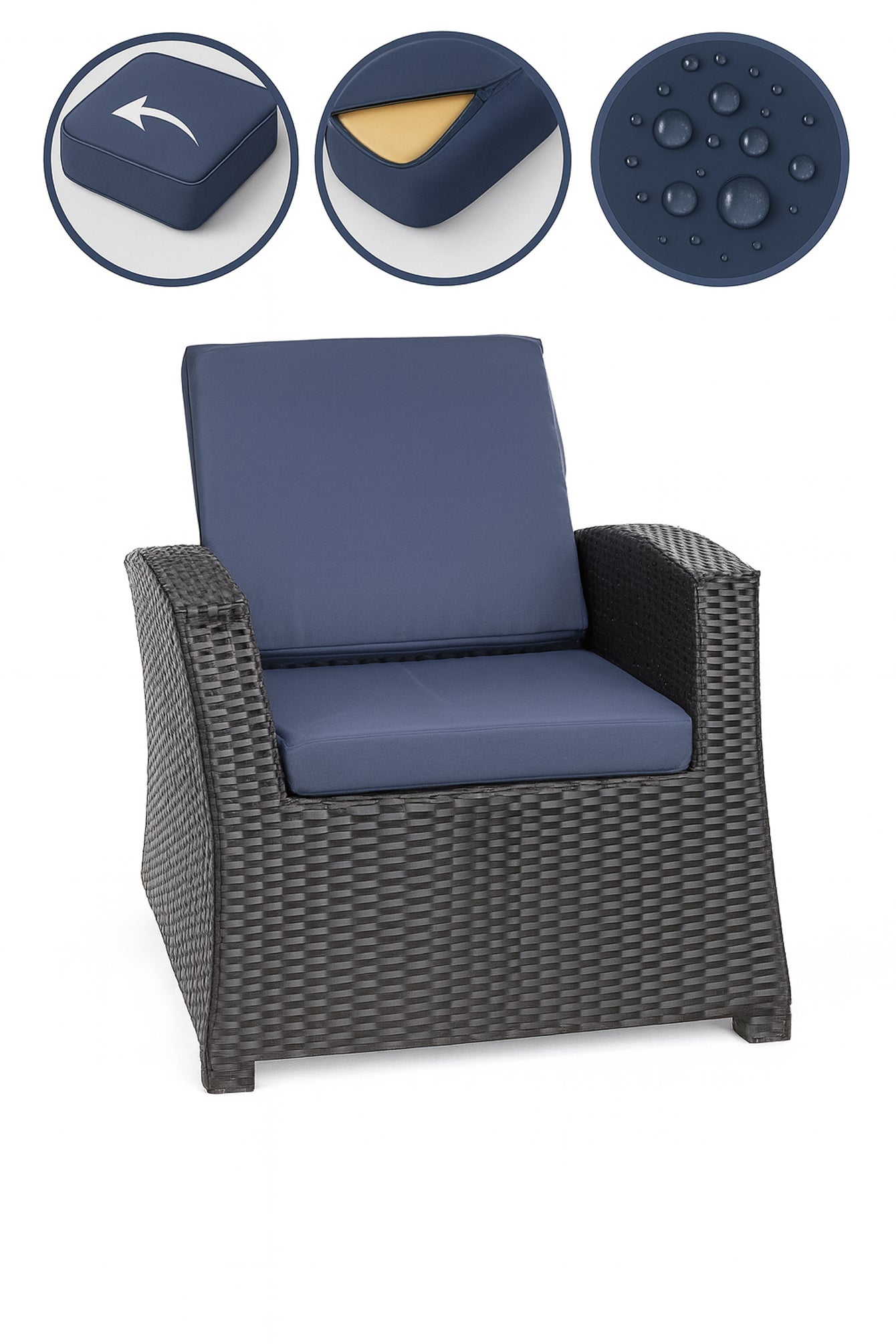 Cuscino per sedia in polyrattan 56x52x7cm Set da 4 cuscini per sedia- Cuscino per poltrona da giardino Blu scuro/ cuscino schienale seduta per esterni - 6