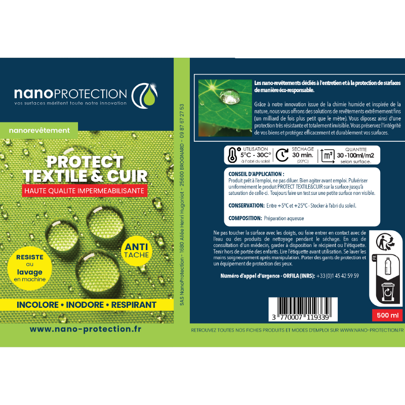 IMPERMEABILISANT ANTI-TACHES POUR TISSU ET CUIR - NANOREVETEMENT- 0.5 L - NANO PROTECTION - 8