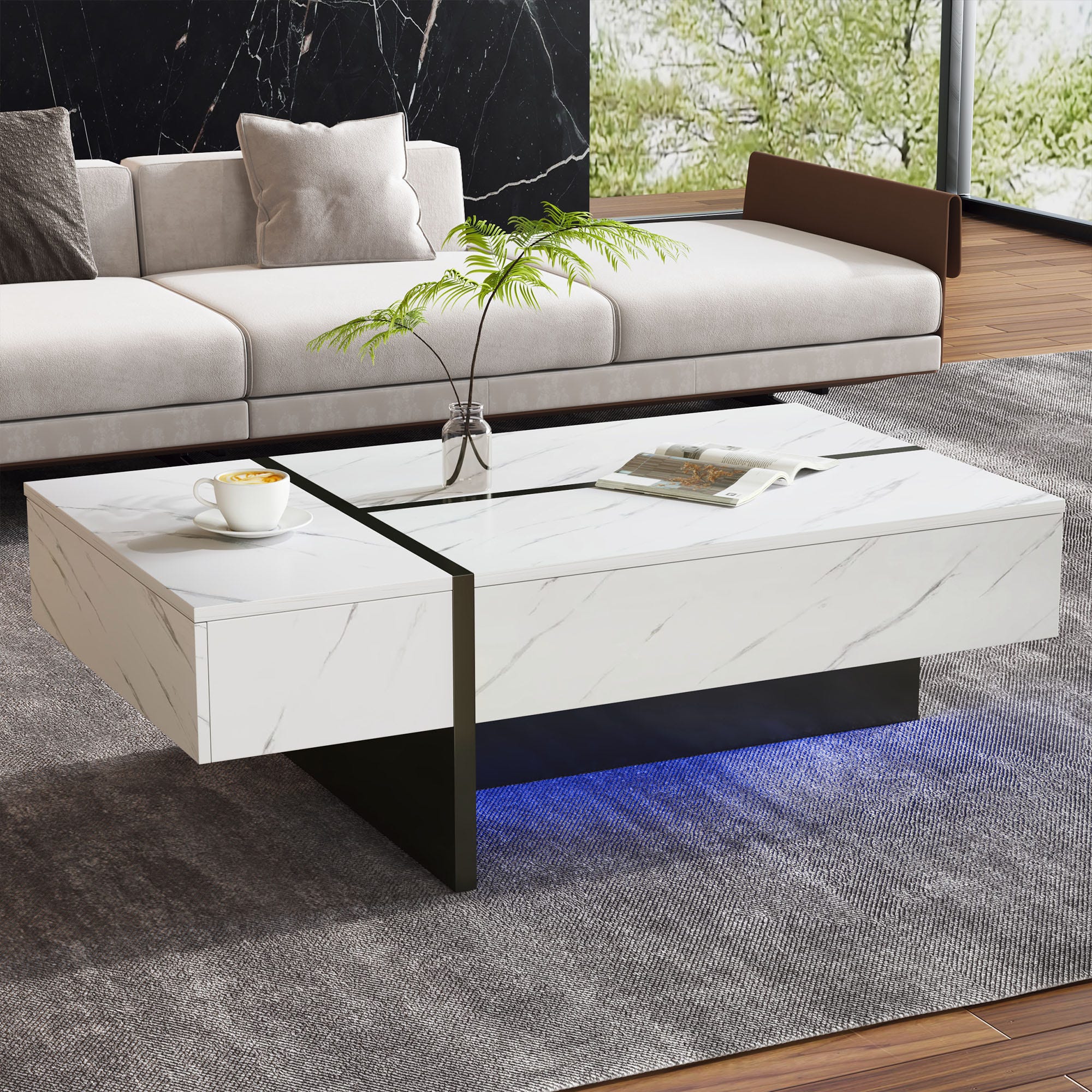 Table basse moderne blanche avec LED, motif marbre, 3 tiroirs ...