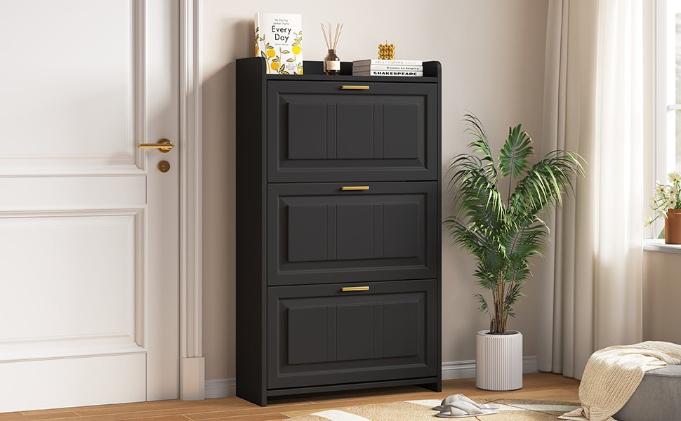 Meuble à chaussures avec 3 portes rabattables - 70 x 24 x 120 cm - MDF et panneaux de particules - Noir - 8