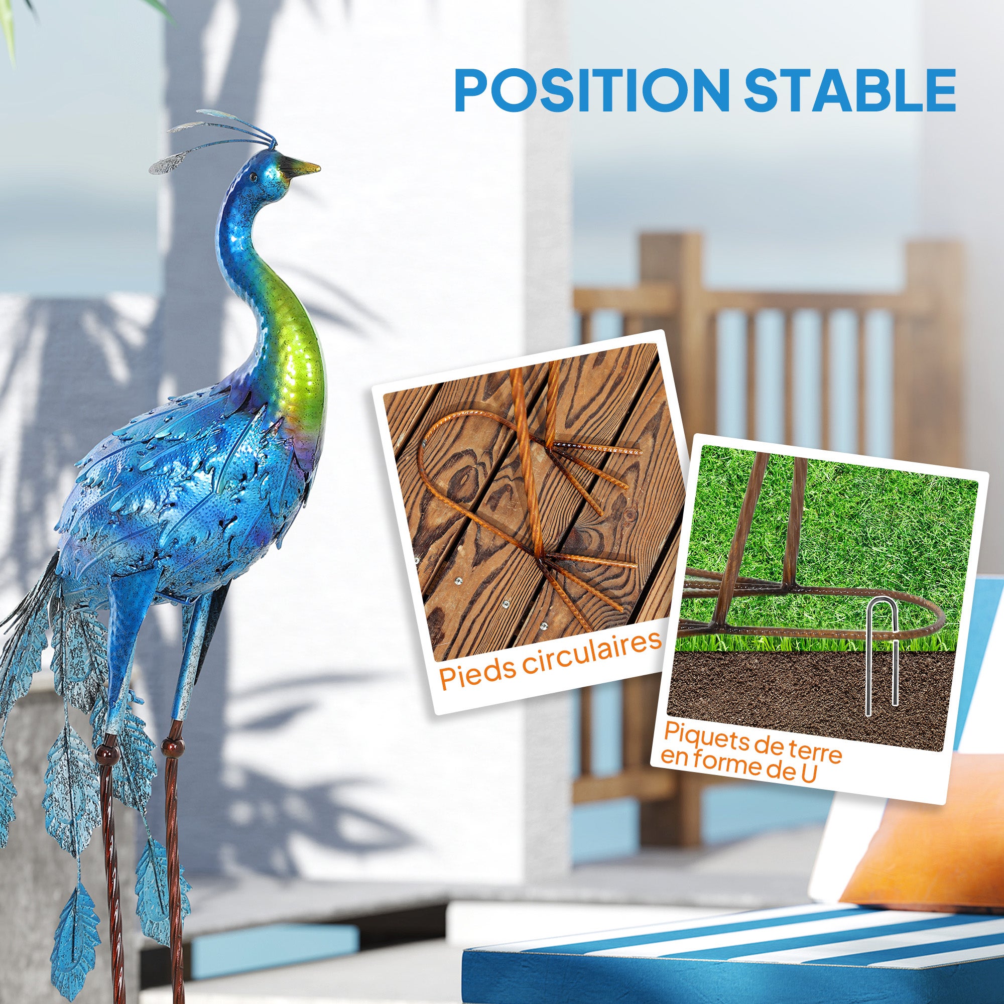 Statue de jardin - Outsunny - paon - résister aux éléments - pour jardins, porches, terrasses - en métal - 83H cm - multicolore - 6