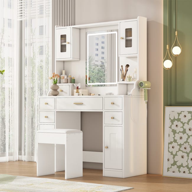 Tavolo da Trucco con Specchio Illuminato in MDF Bianco Tavolo da Trucco con Specchio Illuminato in MDF Bianco