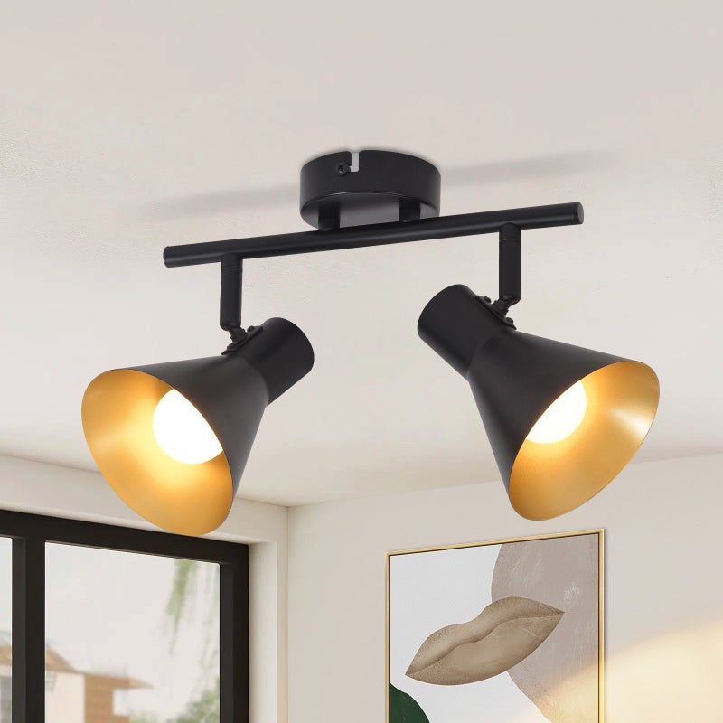 ZMH 2 czarne lampy sufitowe do kuchni z 2 metalowymi żarówkami E14 w stylu retro industrialnym, obracane o 330°, odpowiednie do biur i wejść