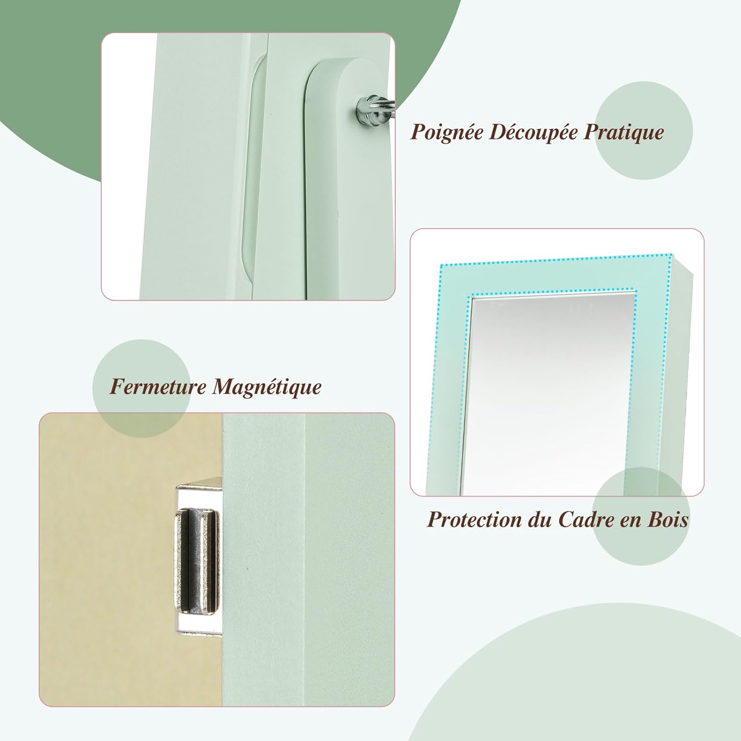 Armoire à Bijoux sur Pied avec Miroir Inclinable en 3 Positions, Armoire de Rangement Cosmétiques de Grande Capacité avec 4 Étagères(Vert) - 9