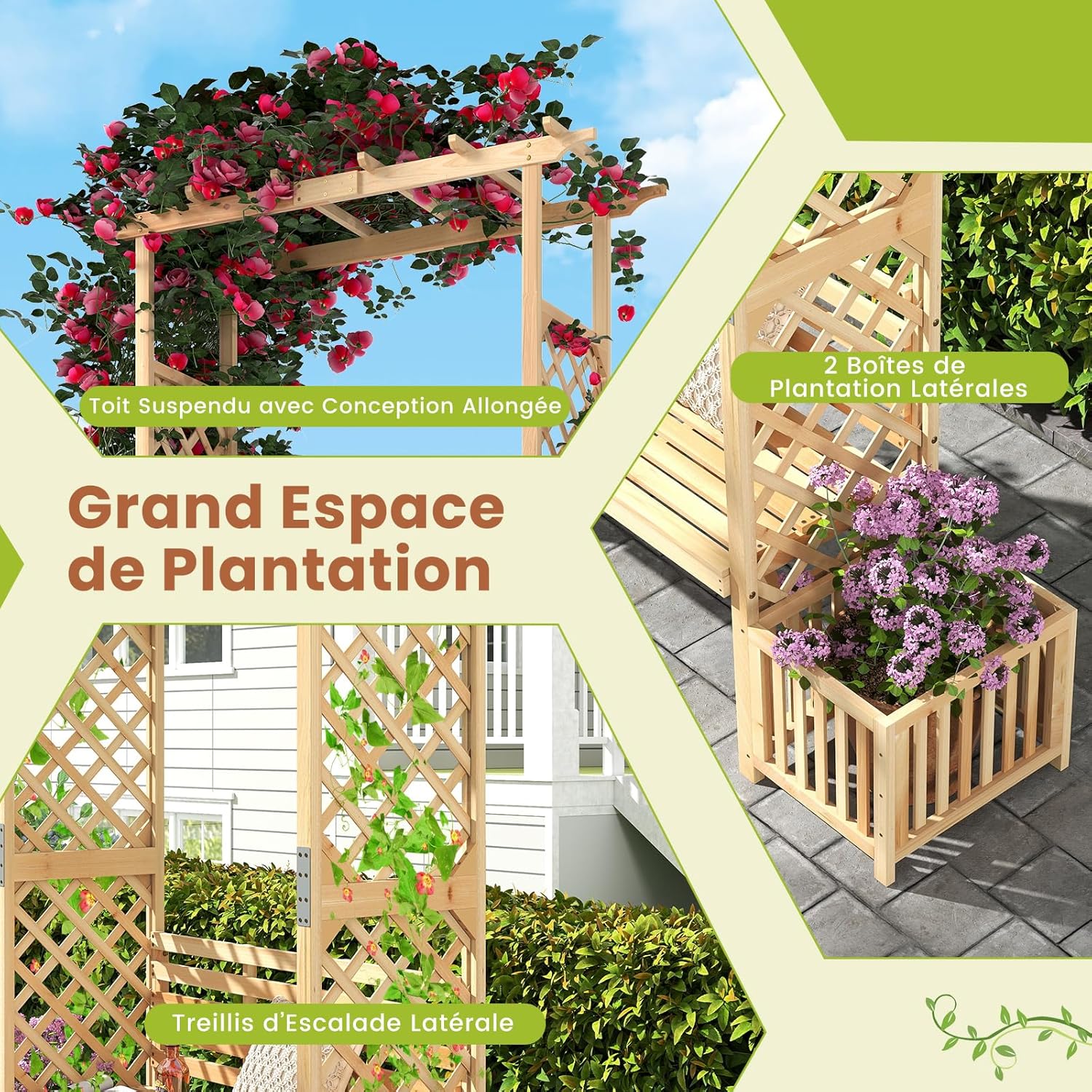 Arche de Jardin avec Jardinière Banc 2 Places à Charge 300 KG, Treillis Latéral pour Plantes Grimpantes Extérieur, pour Terrasse Jardin, Naturel - 8