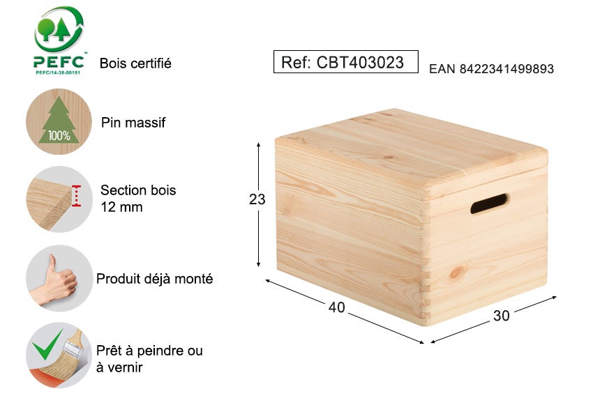 Boîte de rangement en pin massif avec couvercle 23x40x30&nbsp;cm - 4