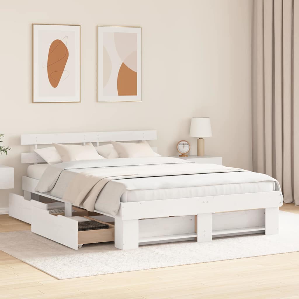 Cadre de lit avec tiroir, blanc, pin massif, pour la chambre, 150 × 200 cm - 3