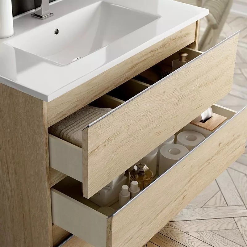 Meuble de salle de bain 140cm double vasque - 4 tiroirs - sans miroir - BALEA - bambou (chêne clair) - 2