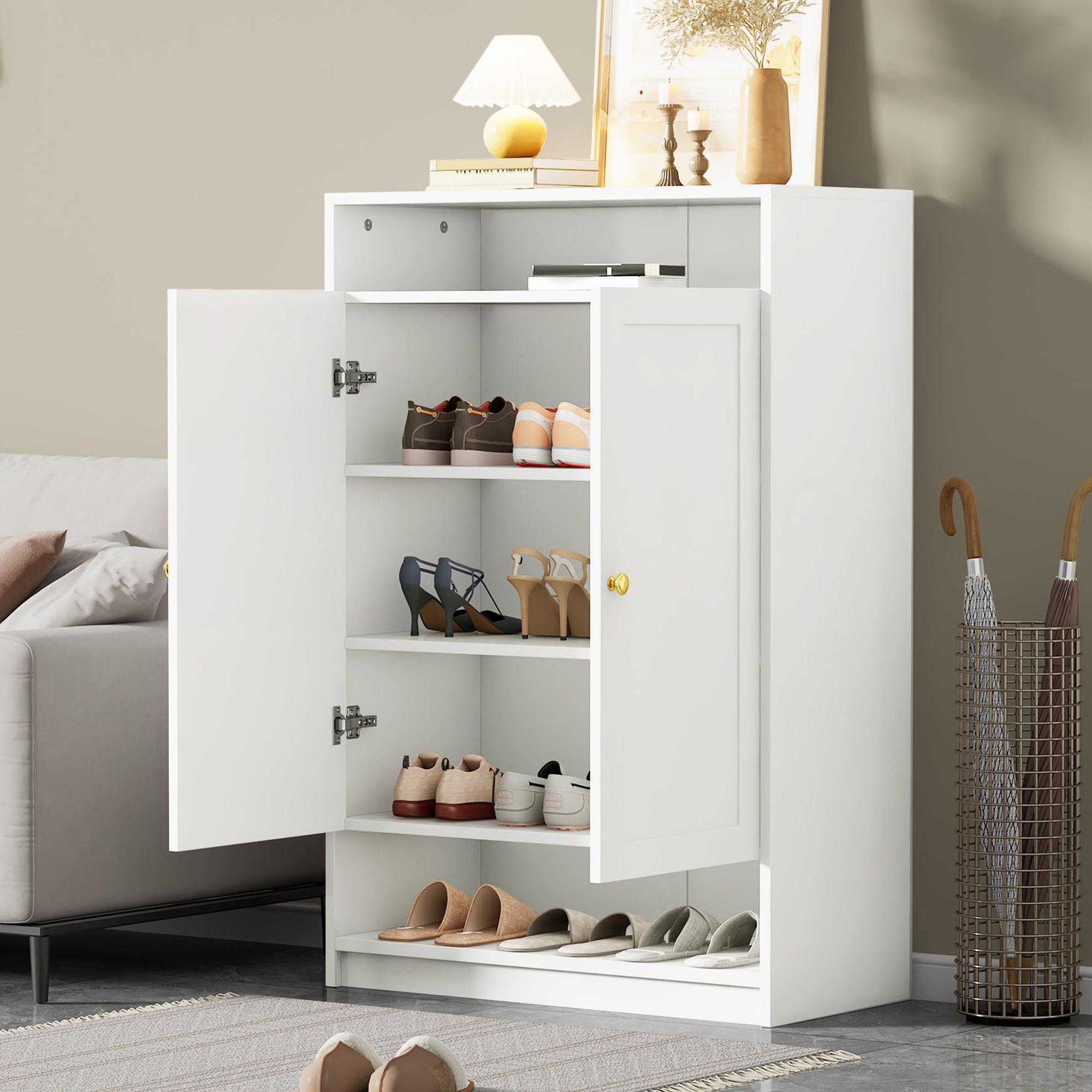 Szafka na buty z 2 drzwiami i regulowanymi półkami - 73 x 34 x 109 cm - płyta wiórowa - biała