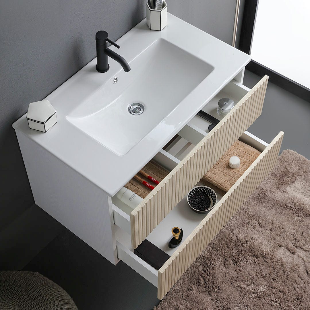 Mobile bagno sospeso 80cm bianco con 2 cassetti rovere cannettato | Bilbao - 4