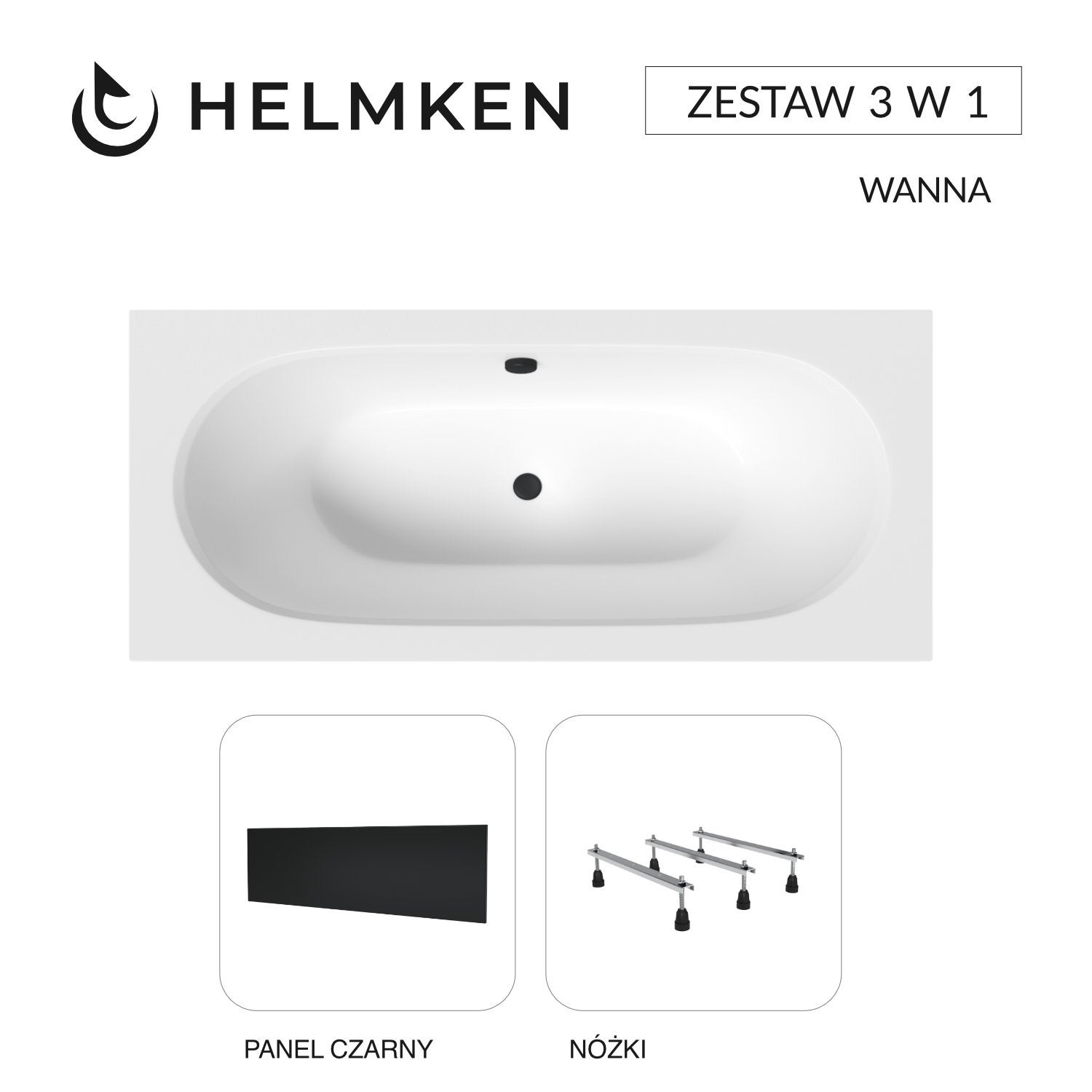 Wanna akrylowa Helmken Vienna 150 х 75 + Panel czarny + Nóżki / 23099001