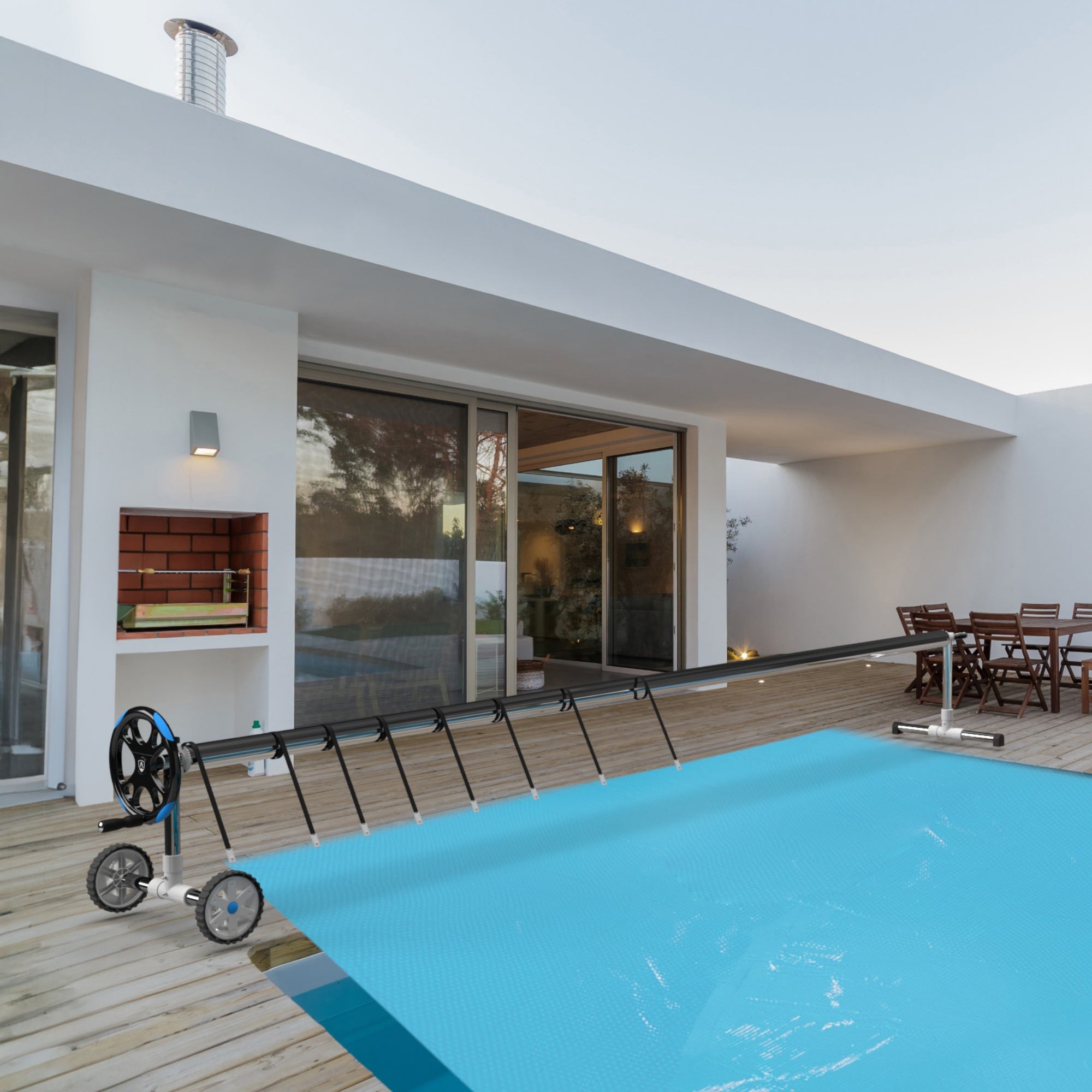 AREBOS Système d'enroulement mobile pour bâches solaires et bâches de piscine longueur de 3m - 5,70m Fixation et Rouleaux Inclus - 2