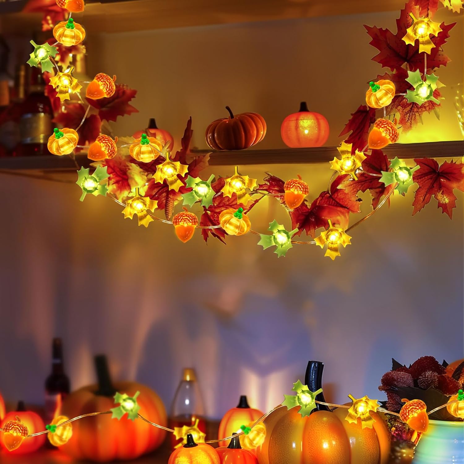 3-metrowy sznur świetlny w kształcie dyni i liścia klonu, 30 diod LED, zasilany bateriami, idealny do dekoracji imprezy Halloween. - 6