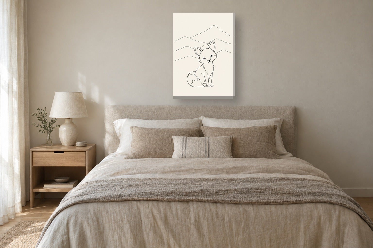 Quadri bambini «Montagne e volpe, line art» in poster con cornice nera ...