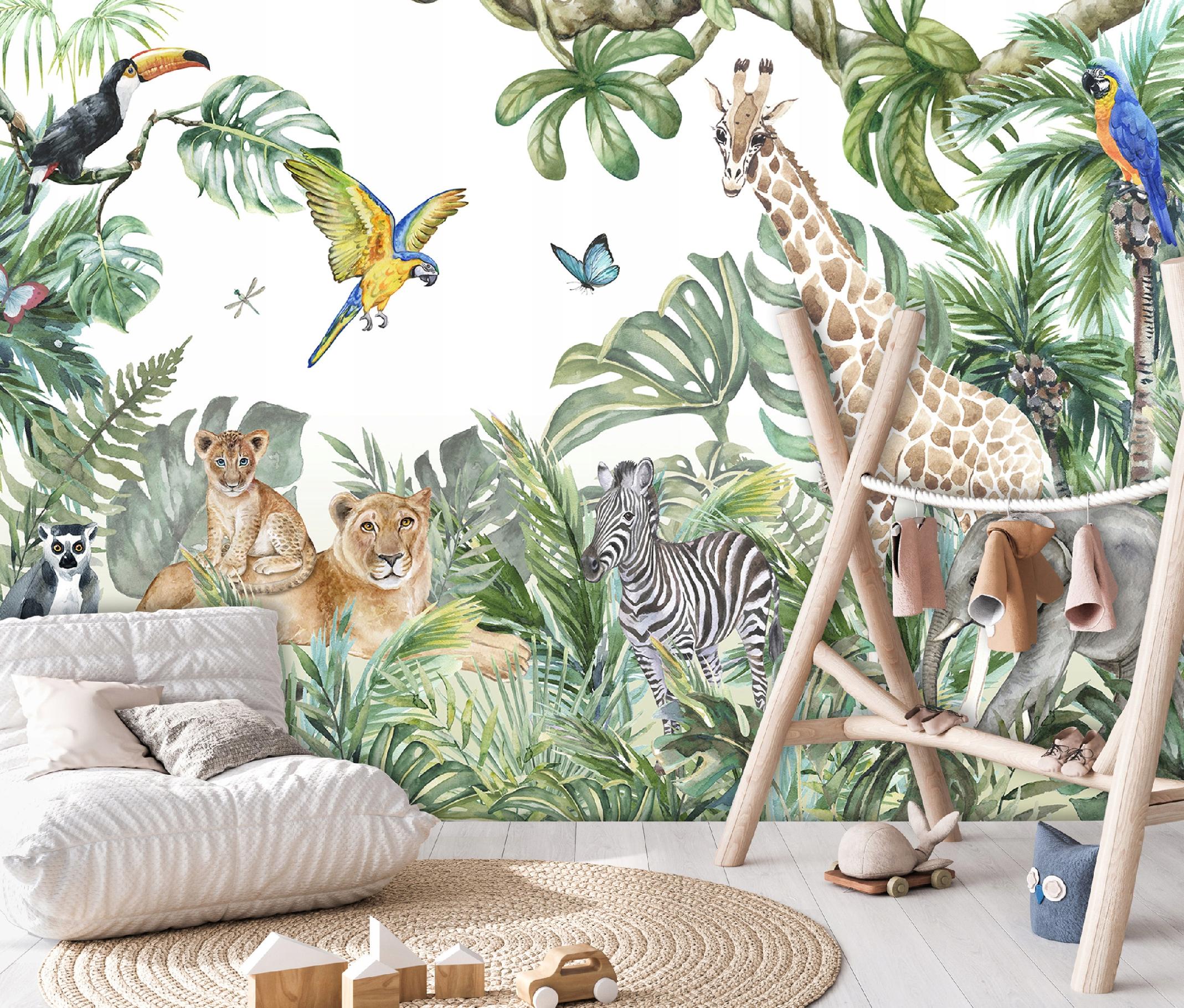 Papier Peint Enfant Jungle Animaux Foret Intissé Panoramique 368x254 cm - Colle Inclus - Chambre Enfant - Moderne Trompe l'oeil - 2