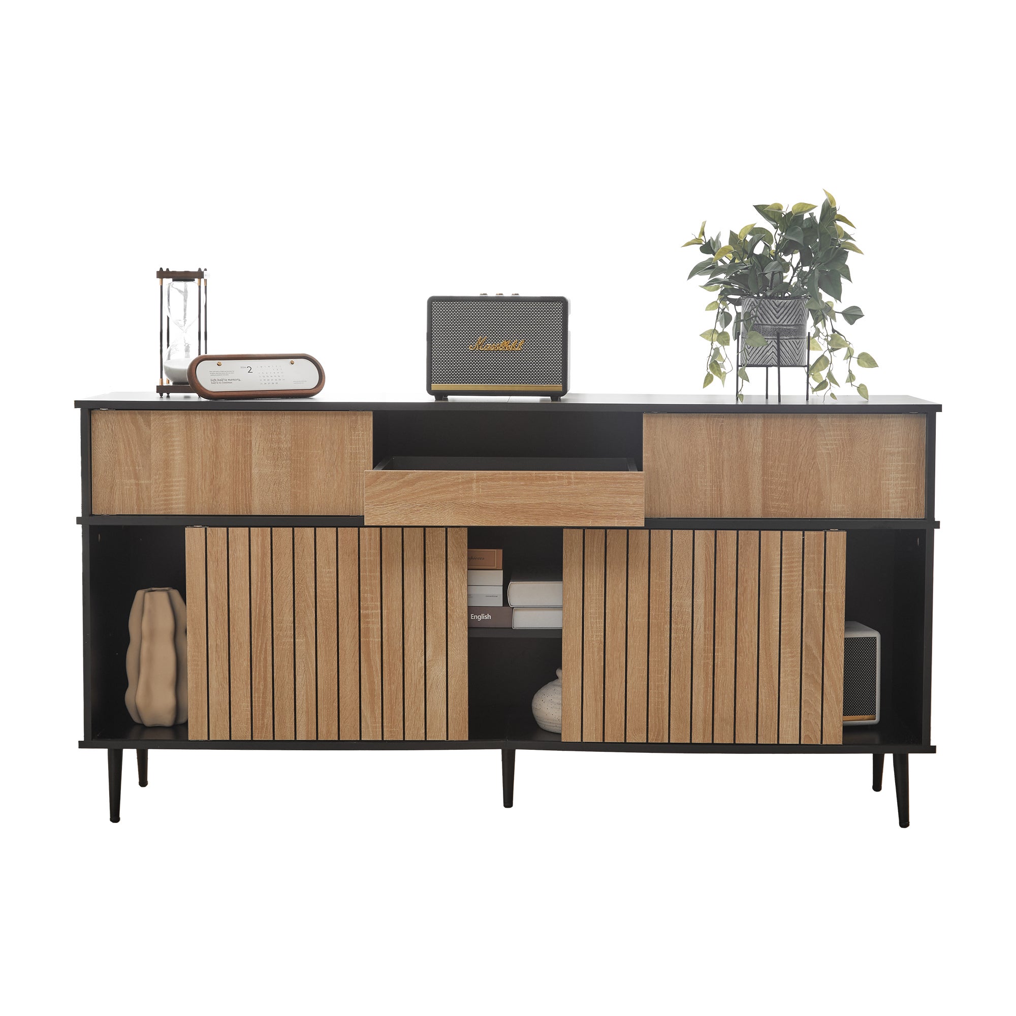 Credenza moderna - 4 ante scorrevoli e 1 cassetto - con ripiani regolabili - Naturale e Nero - 4