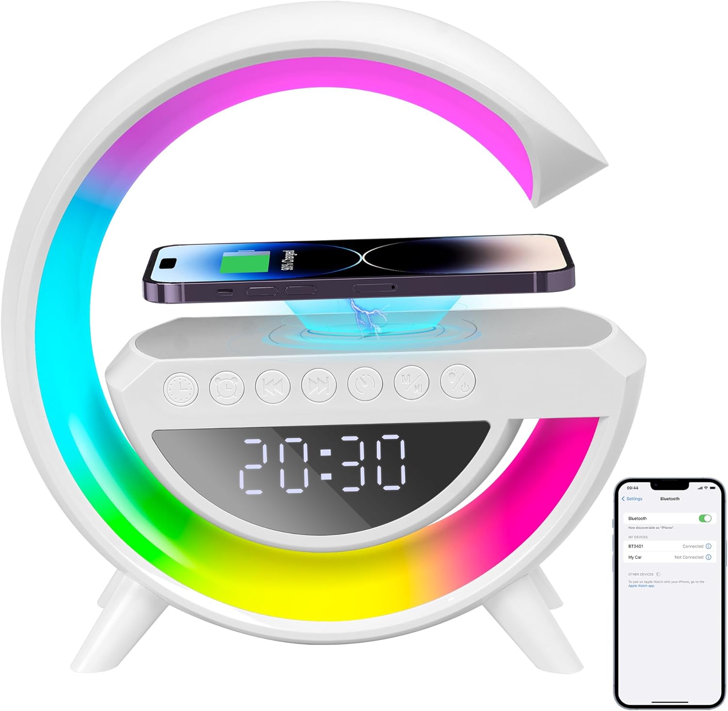 Lampe De Chevet Multifonction : Charge Sans Fil 15W, Veilleuse RVB, Réveil, Haut-parleur Bluetooth - BatdTech - 12