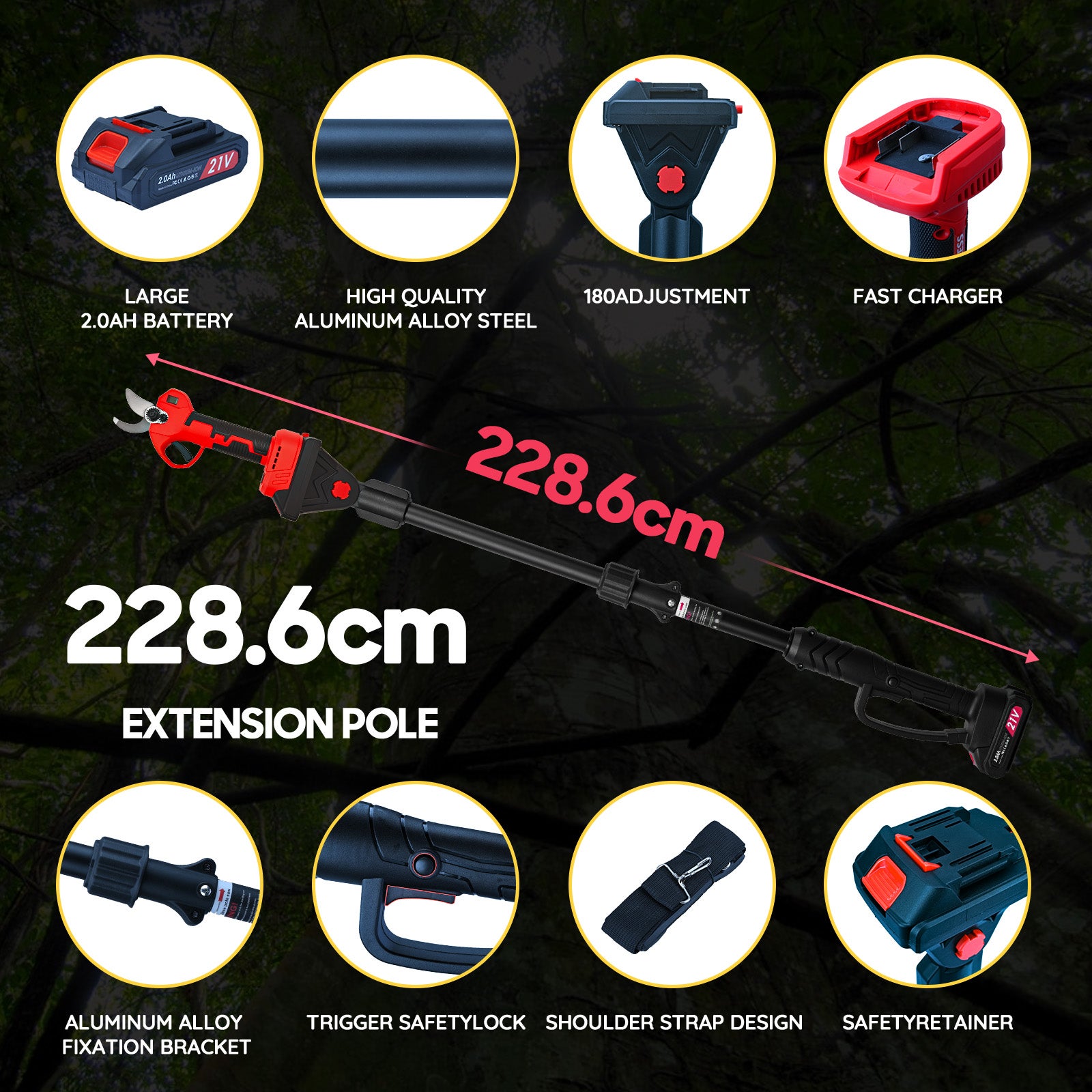 Sécateur Électrique Sans Brosse 21V 300W, 3 Modes, Batterie 2x2Ah, Tête 180° & Perche Télescopique - 6