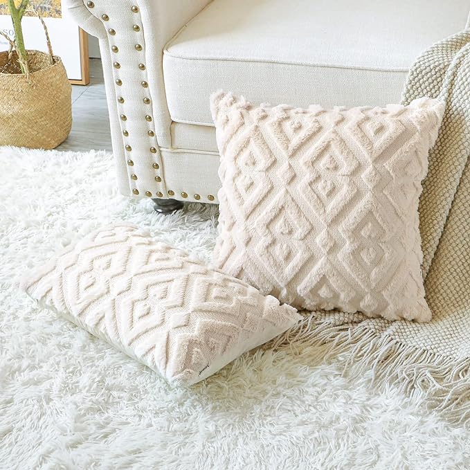2 Pieces Doux Peluche Laine Courte Velours Décoratif Housses de Coussin Luxe Style pour Canapé Chambre - Modernes Forme de Diamant Beige, 30 x 50 cm - 4