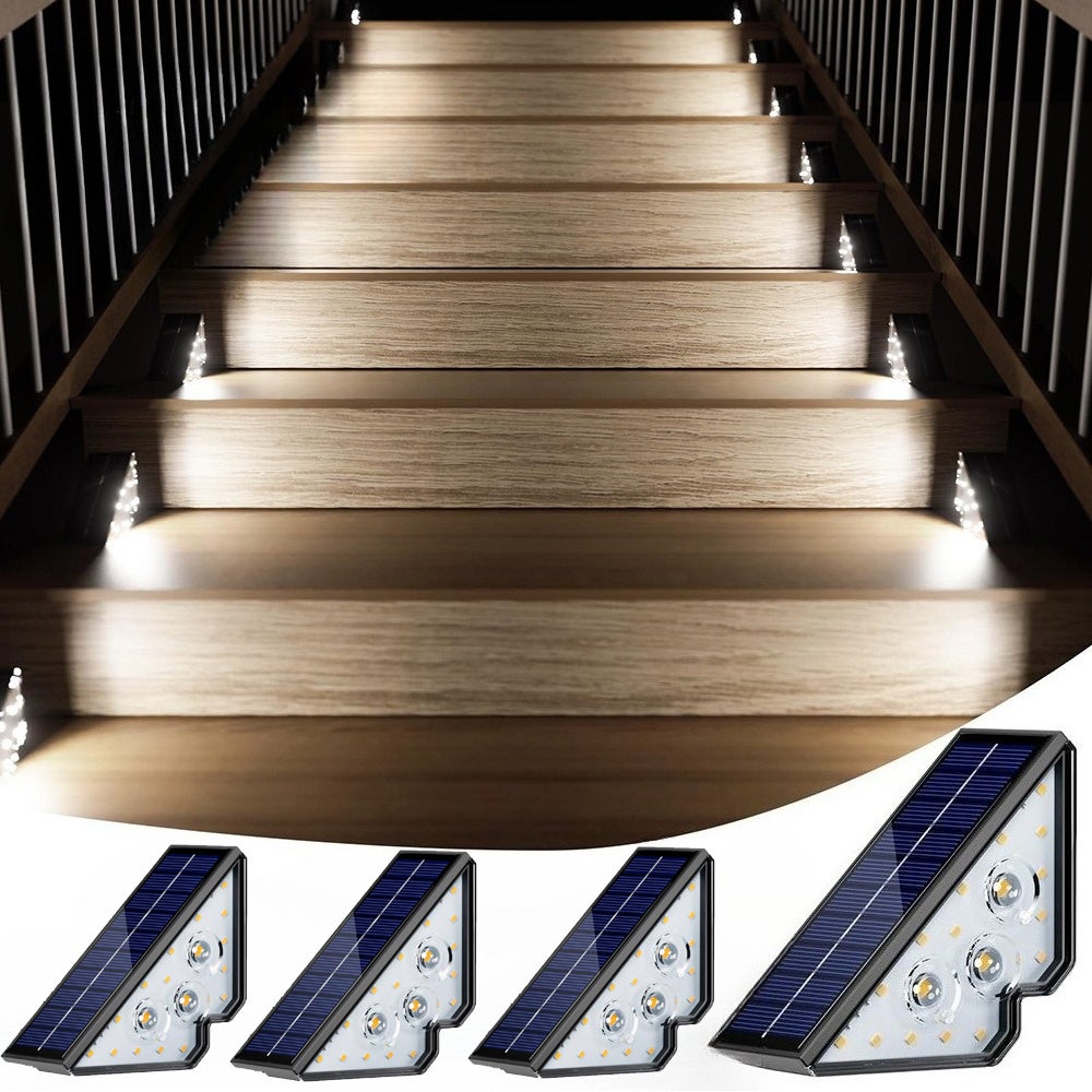 Zestaw 4 lamp solarnych do schodów, wodoodporne oświetlenie zewnętrzne IP65, dekoracyjne oświetlenie LED na taras, werandę i patio, światło białe