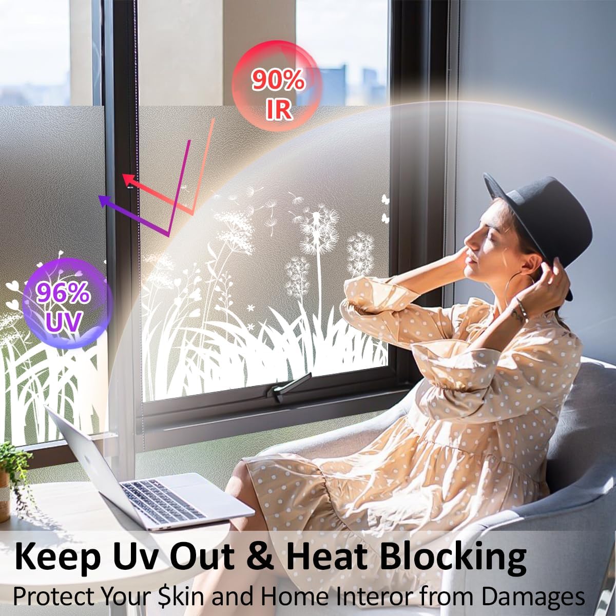 Film de protection solaire Bloss Frosted pour vitres, 60 cm x 200 cm, amovible et électrostatique, motif pissenlit, anti-UV et contrôle de la chaleur. - 4