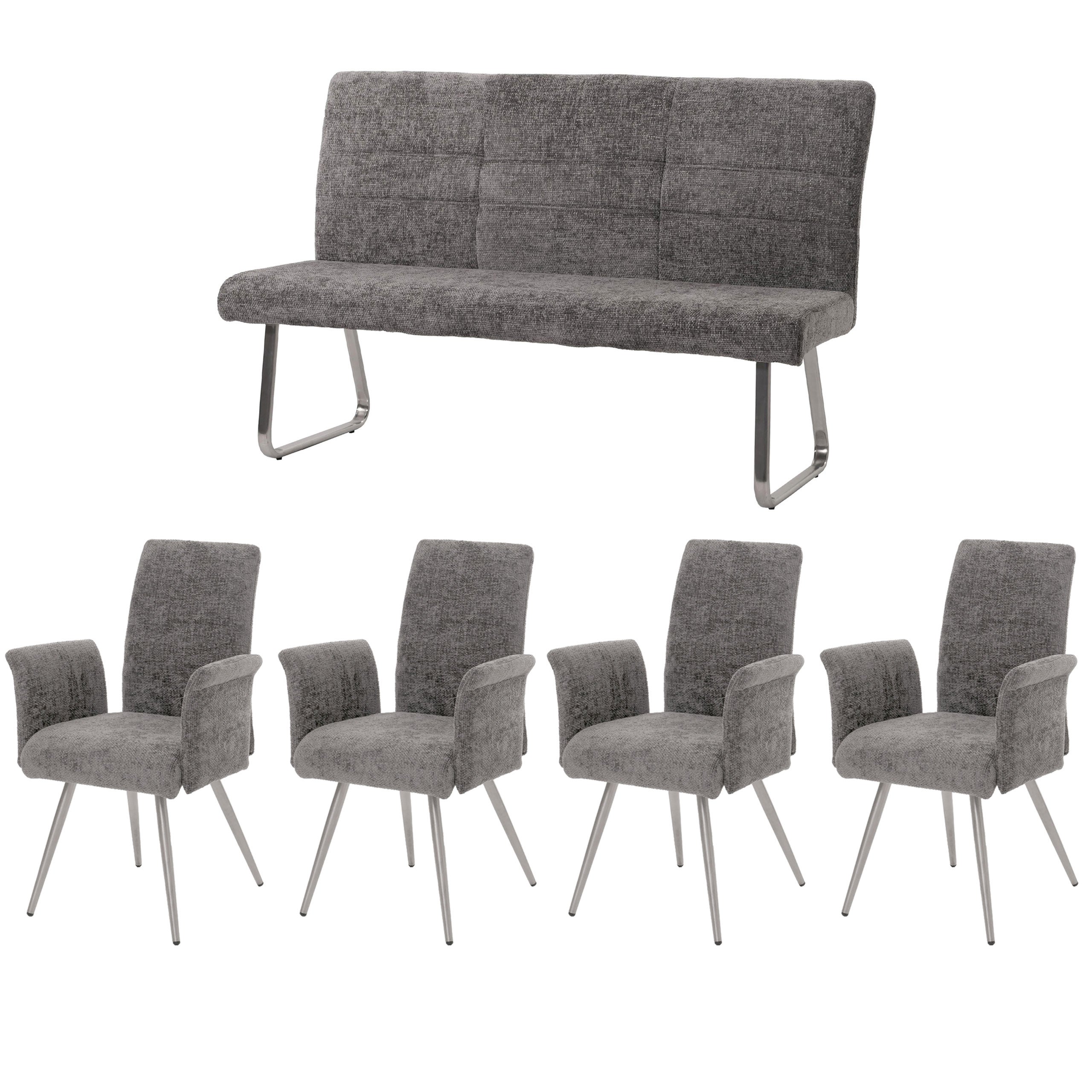 Zestaw do jadalni HWC-G55, zestaw 4 krzeseł z podłokietnikami + ława 160cm, stal nierdzewna szczotkowana tkanina/tkanina szenilowa ~ ciemnoszary