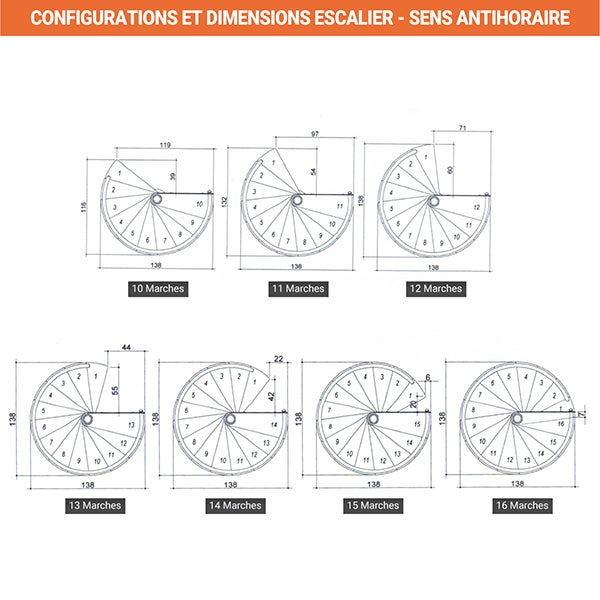 Escalier colimaçon 14 marches - Hauteur à franchir 2.87 à 3.36m - Diamètre 138cm - Bois et blanc - Sens anti-horaire - HOOP138/BB-AH-14 - 5