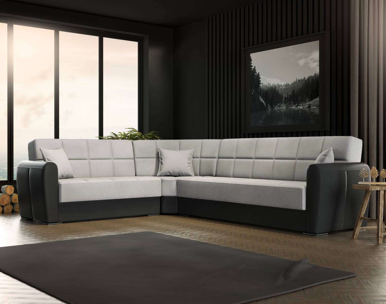 Sofá cama con península matias, sofá contenedor en ecopiel y tela, sofá con apertura click-clack, 305x238h91 cm, negro y gris claro