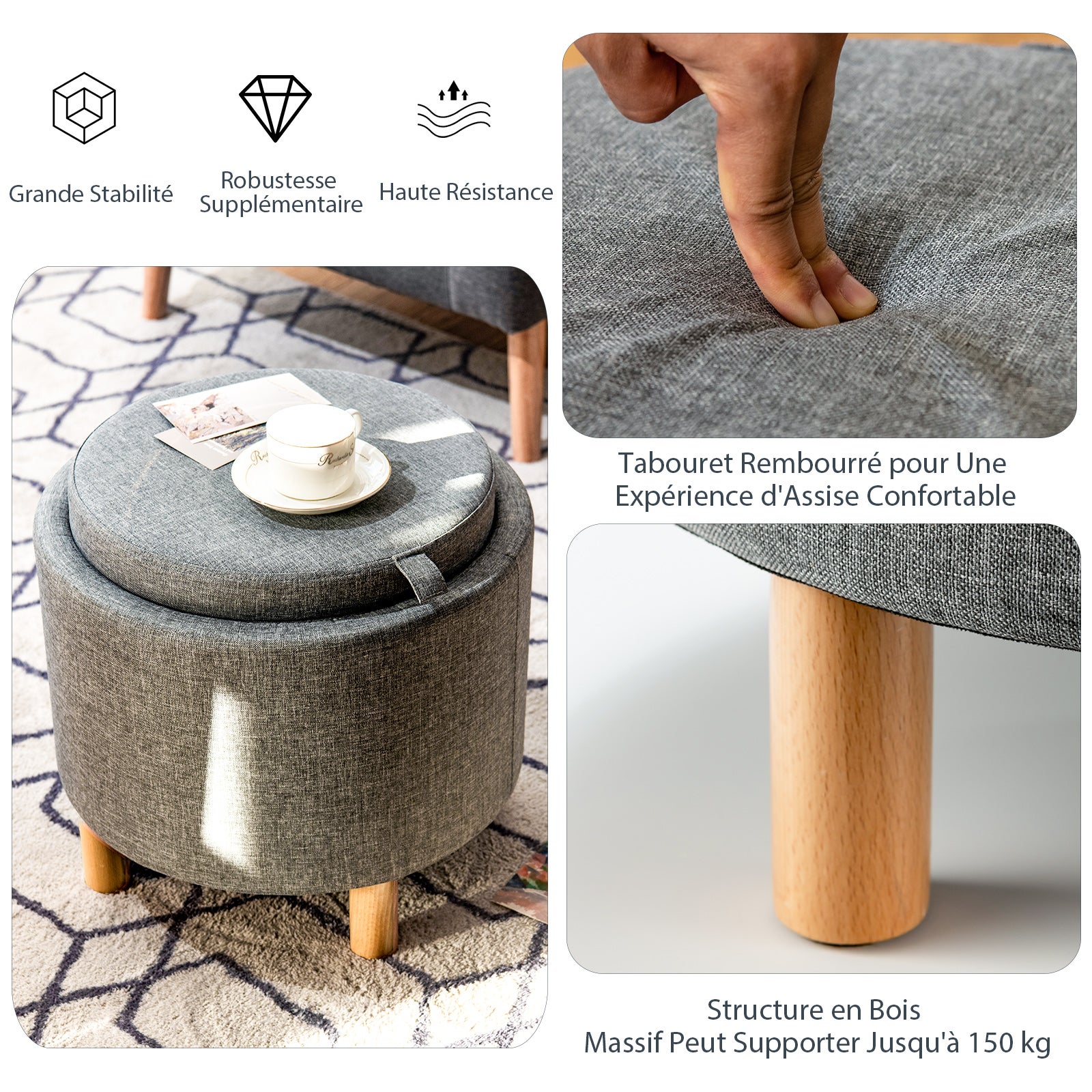 Pouf Rotondo con Contenitore e Vassoio, Poggiapiedi Imbottito con Base in Legno e Piedini Antiscivolo, Tavolino da Caffè per Soggiorno, Camera - 4