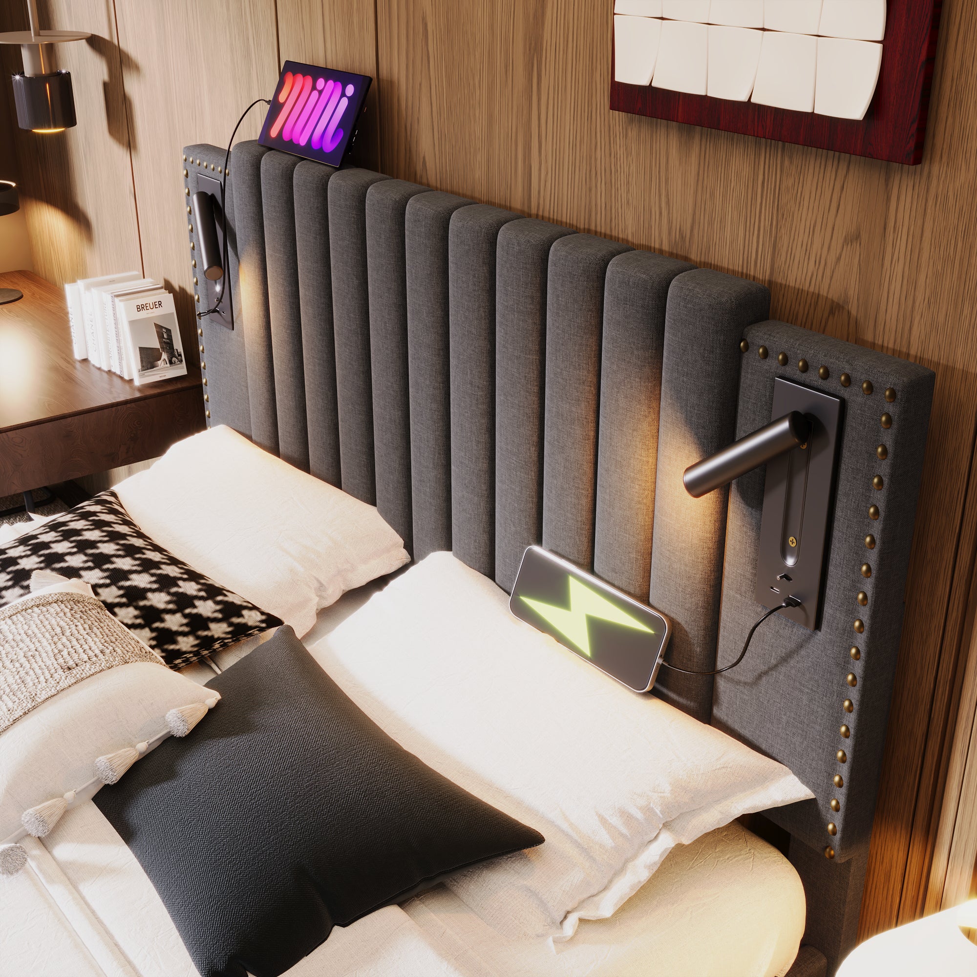 Cama contenedor de tela de algodón de 180x200 cm - con luces de lectura y puertos de carga USB - con somier - Gris - 3
