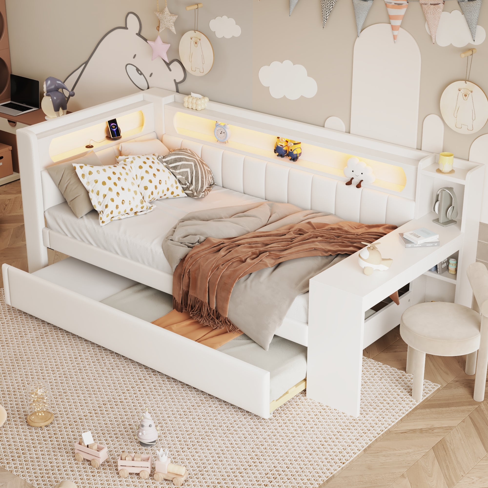 Łóżko wysuwane 90 x 200 cm z biurkiem, 2 szufladami i przegródkami - MDF + sklejka + tkanina lniana - port USB i diody LED - białe (bez materaca) - 4