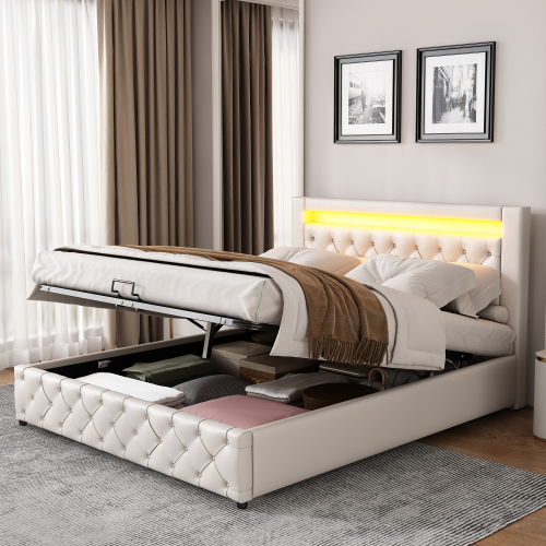 Lit coffre 160x200 - avec tête de lit avec rangement, éclairage LED 360°, USB et Type
