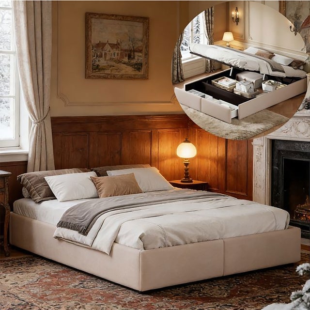 Lit 140x190 cm, 2 tiroirs, COZY, sommier à lattes, sans tete de lit, cadre de litcoffre 140x190 coffre avec rangement, tissu lin, beige