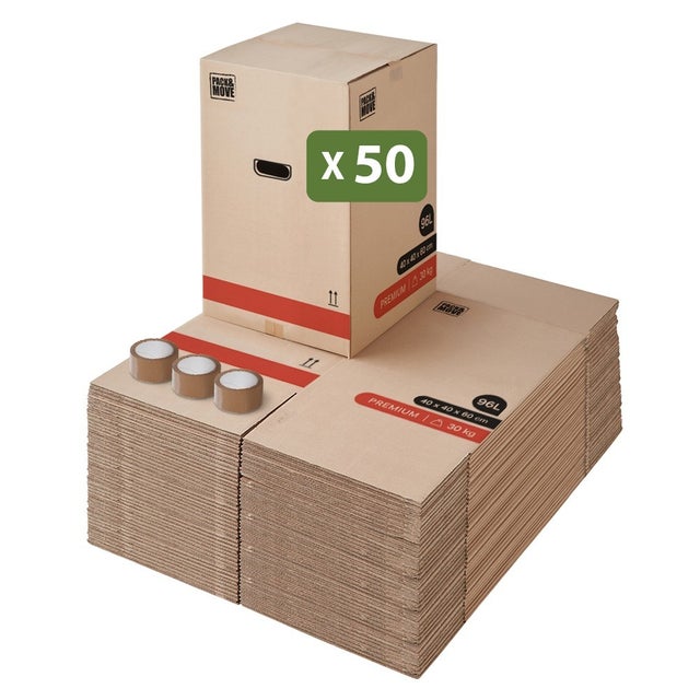 Carton déménagement premium - Résistant double cannelure - 40 x 40 x 60 cm - Lot 50 - Poignées renforcées