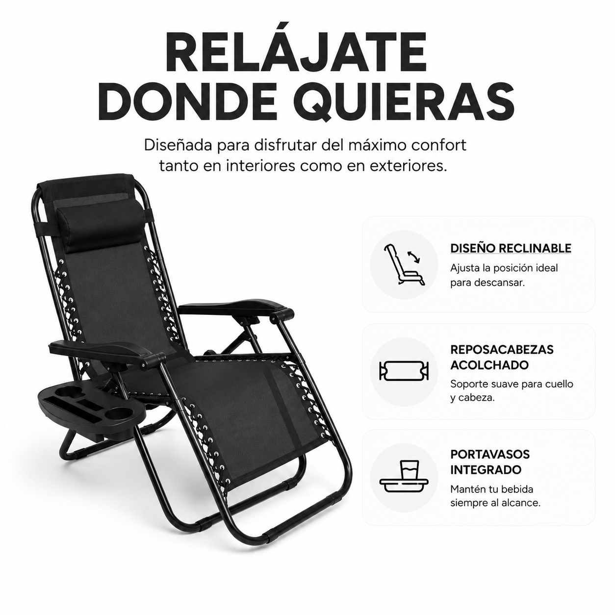 Pack 2 Espreguiçadeiras Dobráveis Praia Pretas com Porta-copos - 2