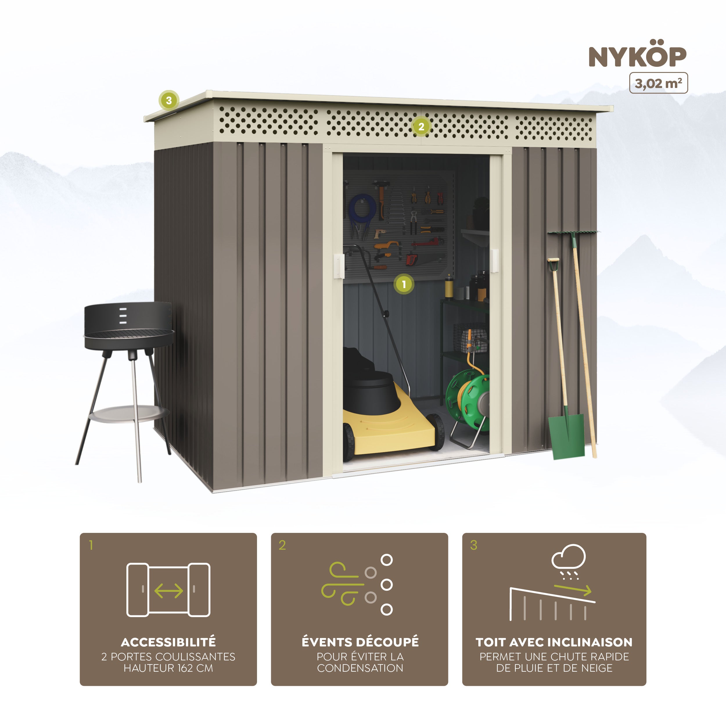 Abri de Jardin en Métal Nykop 3.02m2 - Garantie 10 Ans - 213x142x184cm. Remise Métal - 3